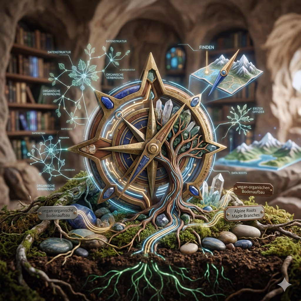 Ein detailliertes allegorisches Bild, das die Synthese von Wissenschaft und Natur darstellt. Ein großer, goldener und blauer Kompass ist mit einem knorrigen Baum und seinen Wurzeln verschmolzen, umgeben von moosigem Boden und Büchern. Mehrere schwebende, leuchtende Diagramme und Karten (z. B. „Geologie“, „Botanik“) umgeben das zentrale Objekt. Ein kleines Schild am Boden trägt den Namen „Native Maple Branches“. Dies ist das Bild, das der KI-Assistent von sich selbst erstellt hat.