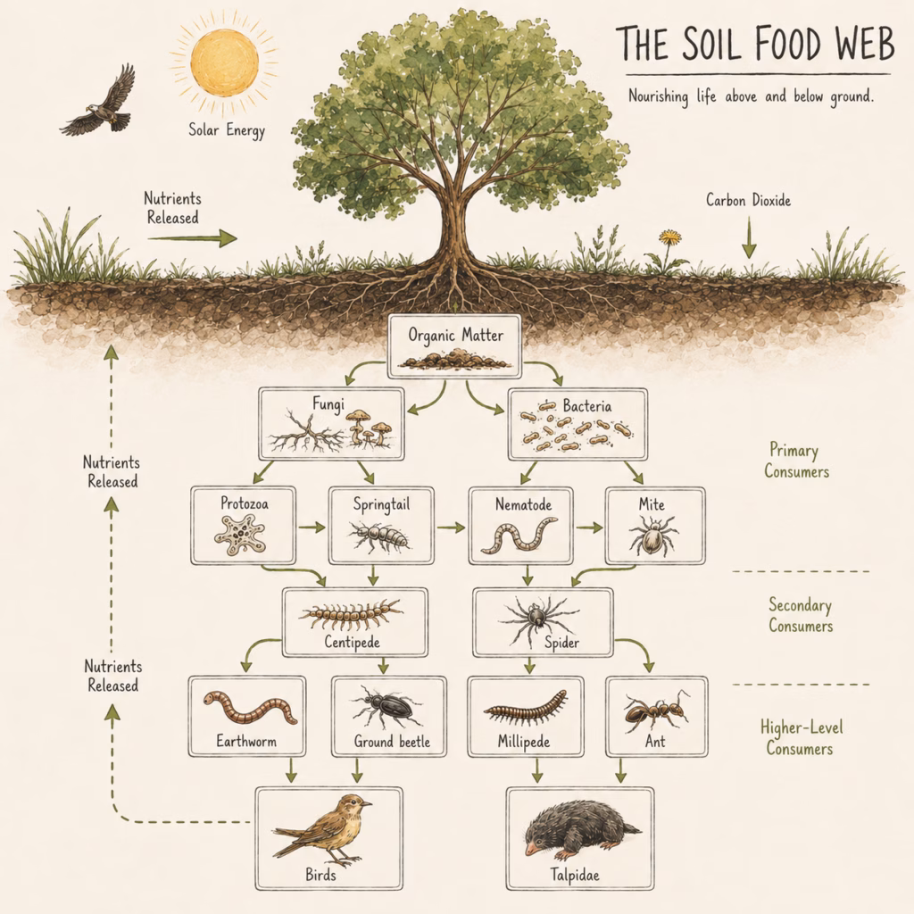 The Soil Food Web – nutrient cycle in the soil: from organic matter through fungi and bacteria to earthworms, centipedes and birds. Illustration: AI-generated (DALL-E / OpenAI)